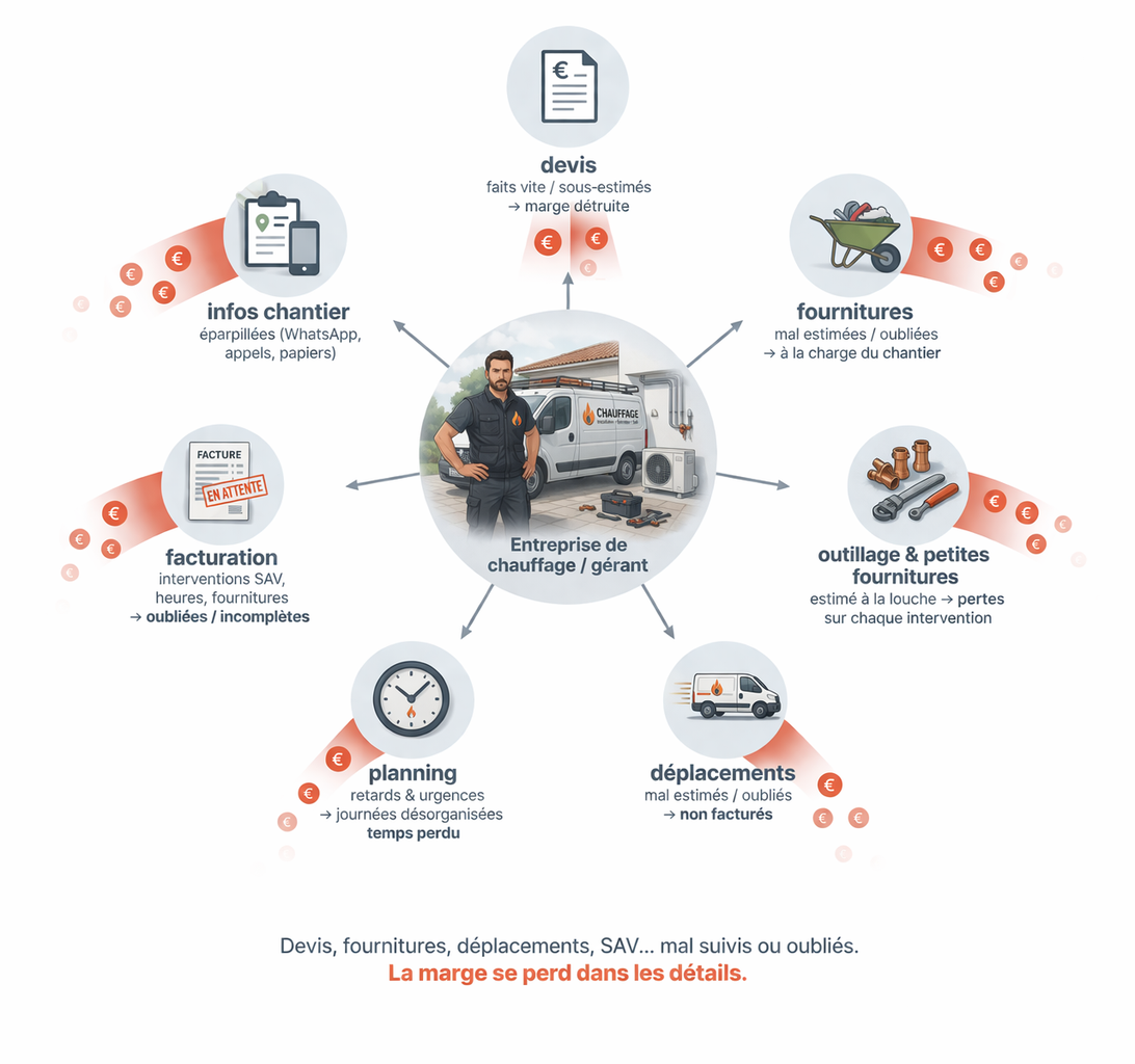 Schéma des pertes entre le terrain et le bureau d'une entreprise de chauffage